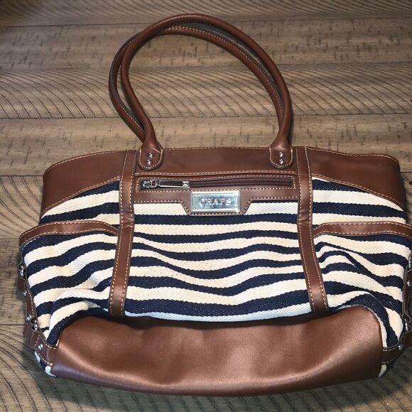 Western Stitch Vegan 🌱 Leather Canvas Striped Snap Bag. Secure Zip Side. - Picture 1 of 16